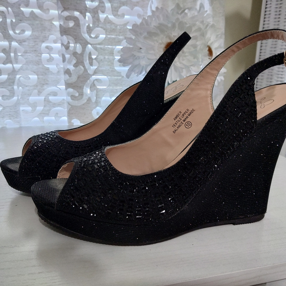 Lauren Lorraine Black Glitter Wedges